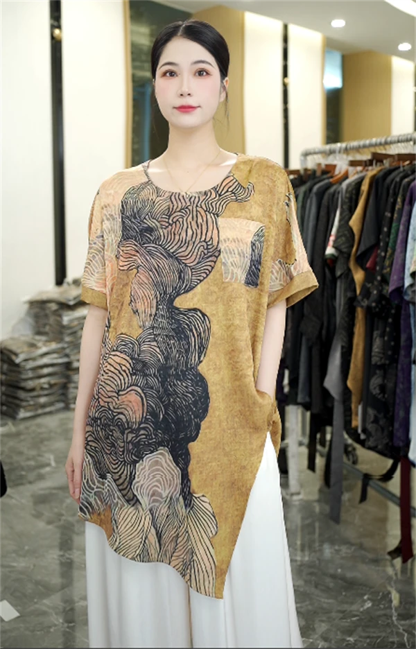 高奢严选丨忆江南丨夏季新款时尚气质短袖大码中长款上衣-7330#