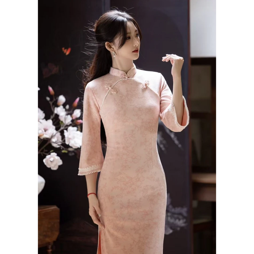【粉色物语】低开衩日常中国风长裙长袖旗袍网红优雅少女修身复古