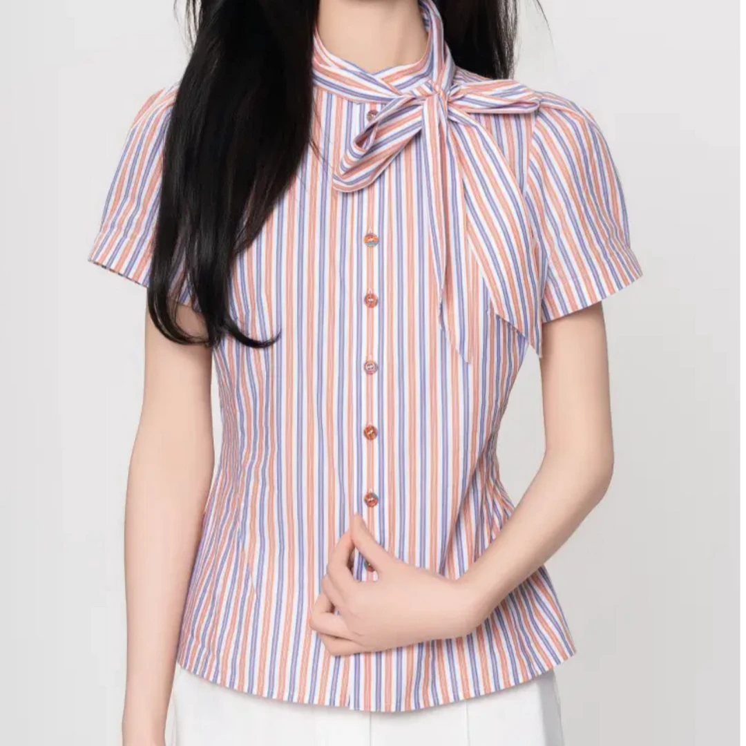 【商场同款】2025夏季新款时尚气质附领带彩色条纹修身短袖衬衫女士