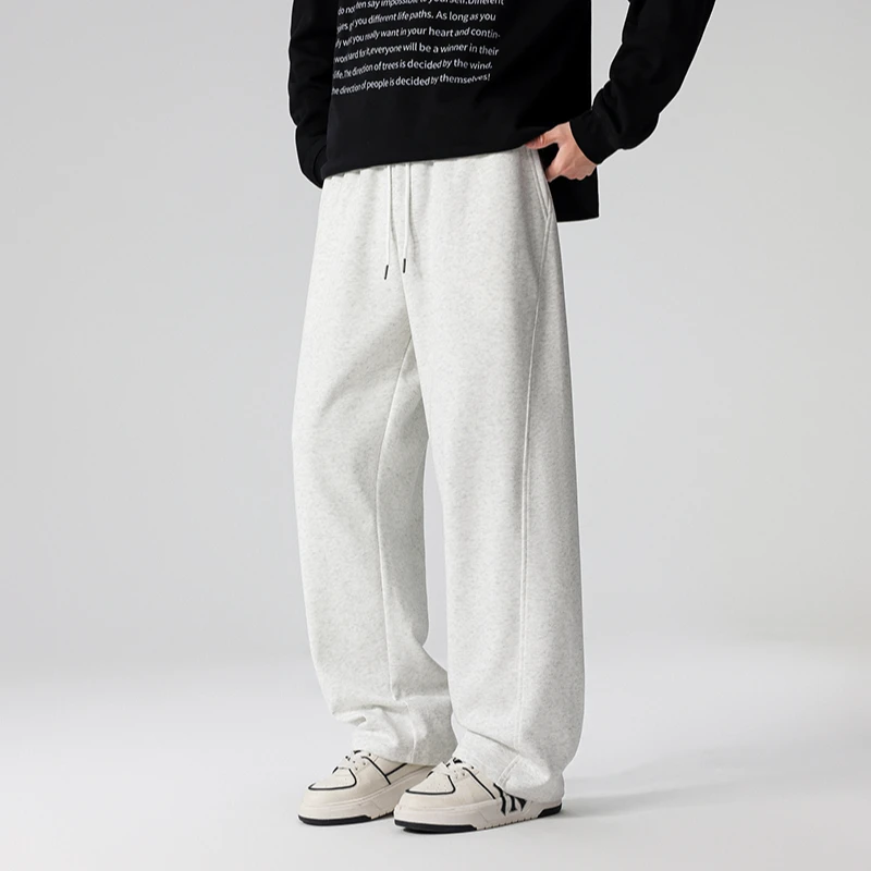 冬季加绒加厚百搭男女大码美式复古斜切弯刀裤微喇灰色卫裤休闲裤