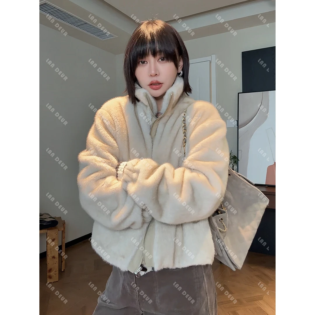 JIUJIU【初霞影竹】秋冬两面穿韩系休闲氛围感立领毛茸茸保暖外套