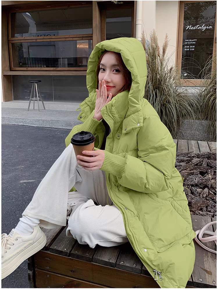 女连帽中长款白鸭绒羽绒服收腰显瘦大口袋潮流港风加厚冬装外套