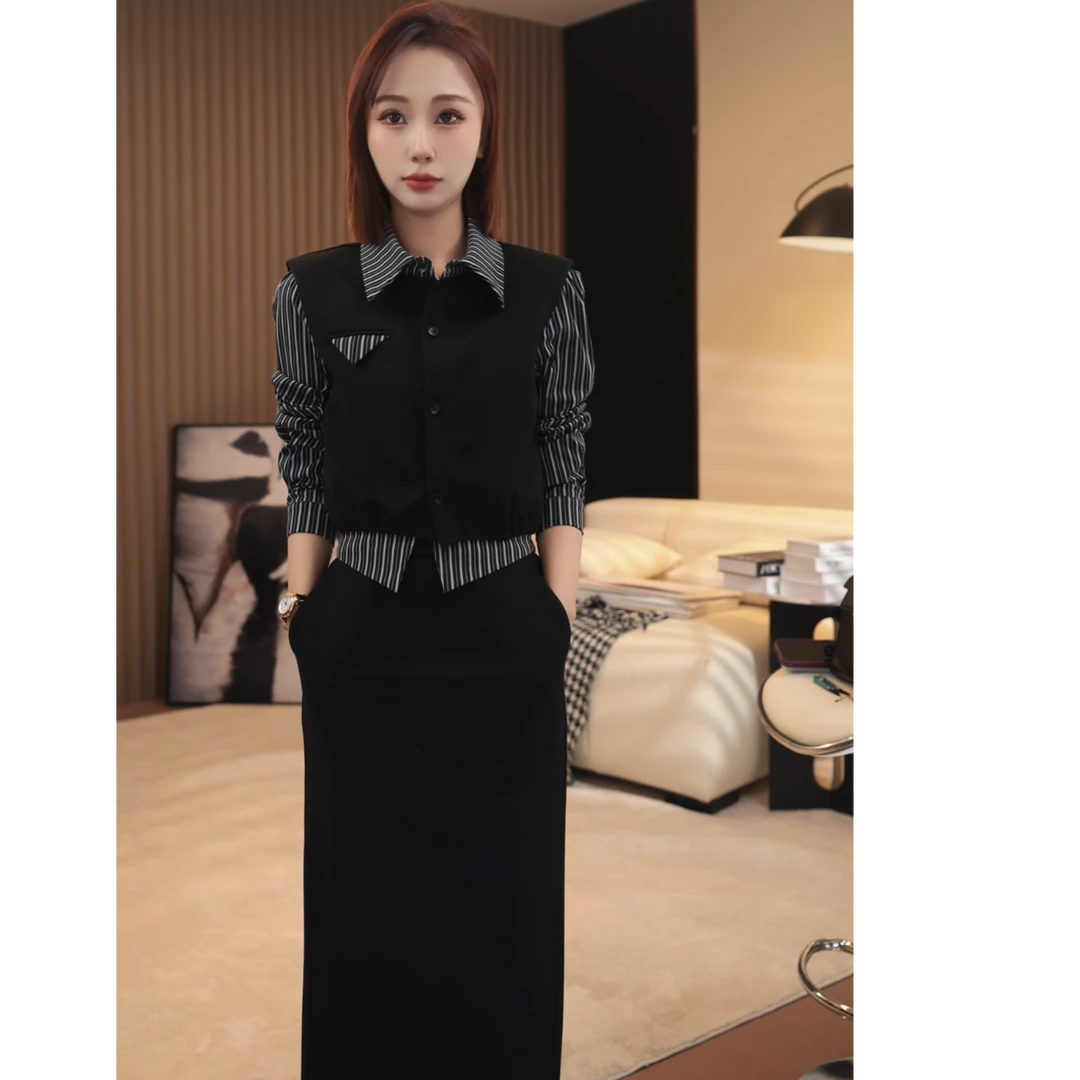 思思小个子女装【春季设计感减龄衬衫拼接马甲半身裙两件套#25F013