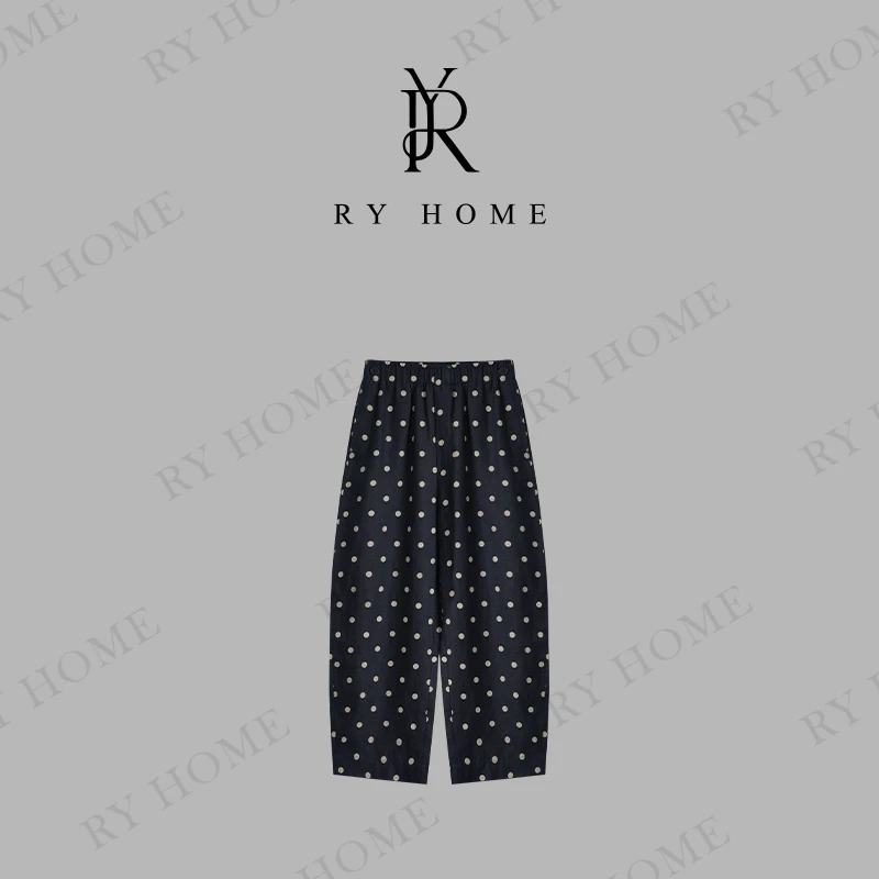 【容雨RYHOME】100亚麻百搭松紧腰波点休闲裤252K2517