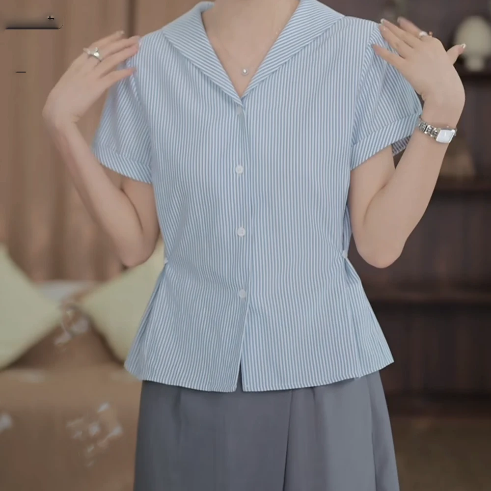 【纸片人】轻奢气质条纹短袖衬衫显瘦百搭上衣