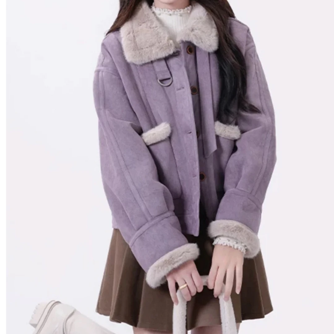 2024年冬季新款韩系时尚皮毛一体紫色立领上衣外套牛仔百搭毛呢