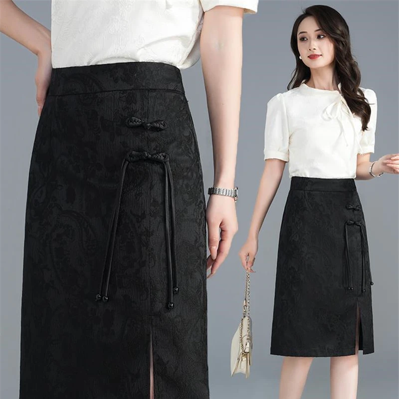 春季新中式盘扣国风半身裙女2025夏季新款高级感提花大码中长款裙