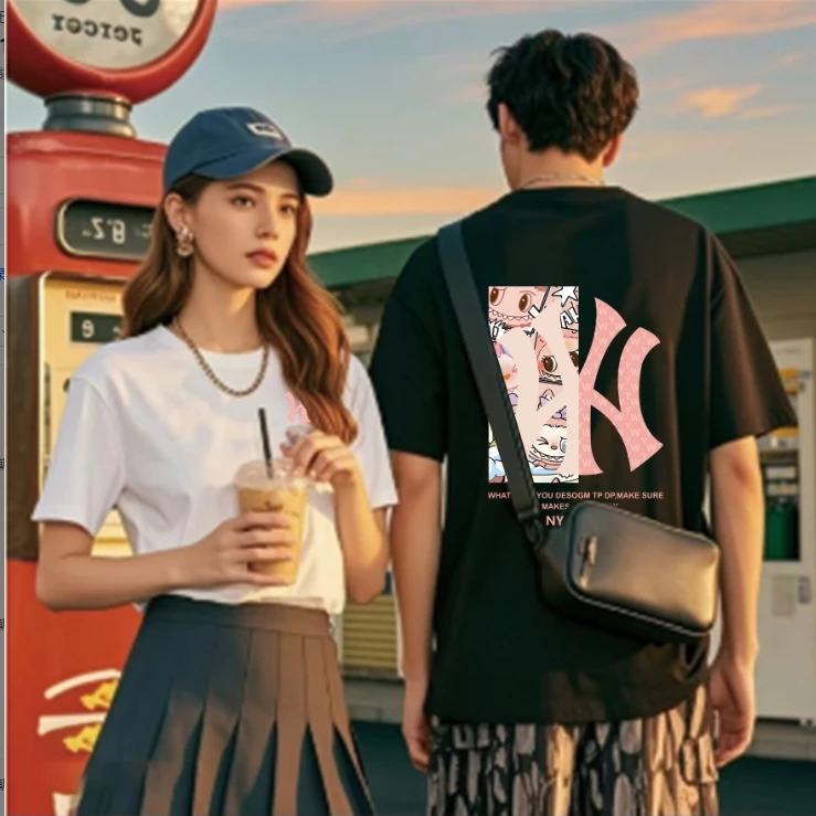 【商场同款】新款时尚短袖弹力夏季男女同款纯棉重磅T恤-西柚粉布布