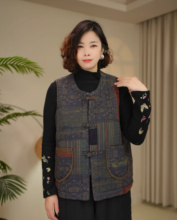 【小燕子】冬季新款复古国风印花棉麻夹棉马甲宽松盘扣文艺坎肩女