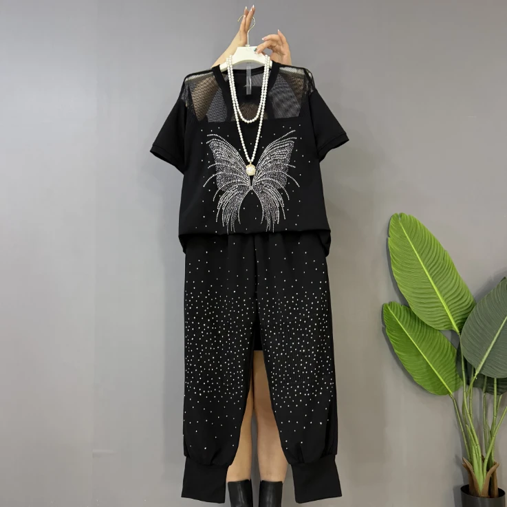 新款大码女装时尚洋气重工烫钻网纱拼接宽松显瘦套装