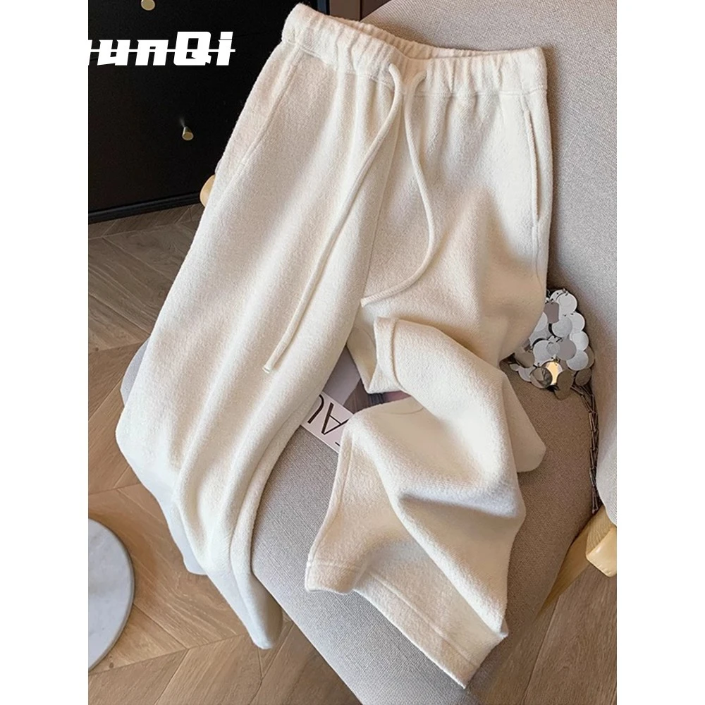 淳启高腰宽松女士阔腿裤修身白色慵懒风格直腿糯米裤百搭潮流休