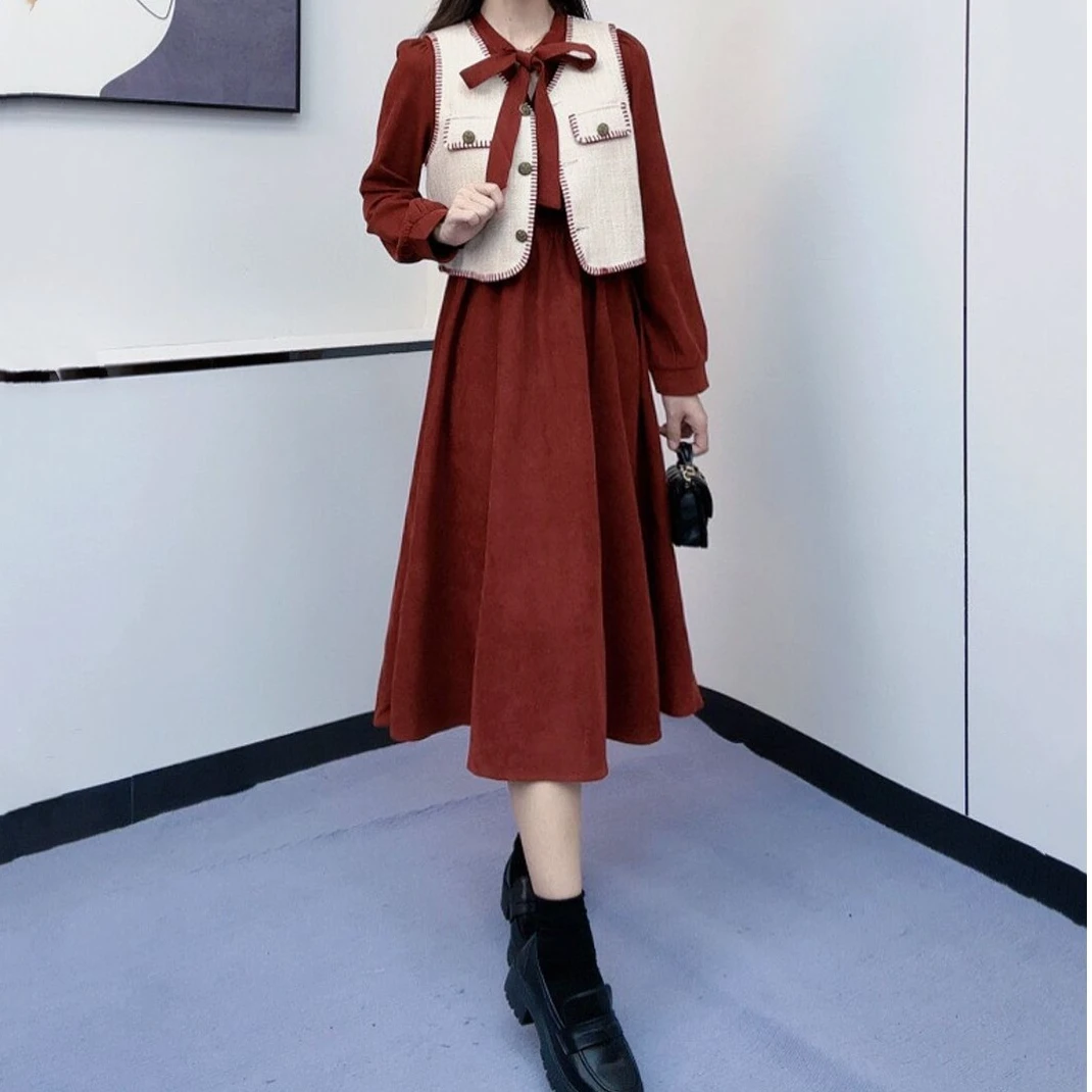 ASY/2024小香风马甲两件套连衣裙秋冬长袖针织收腰高腰连衣裙马甲