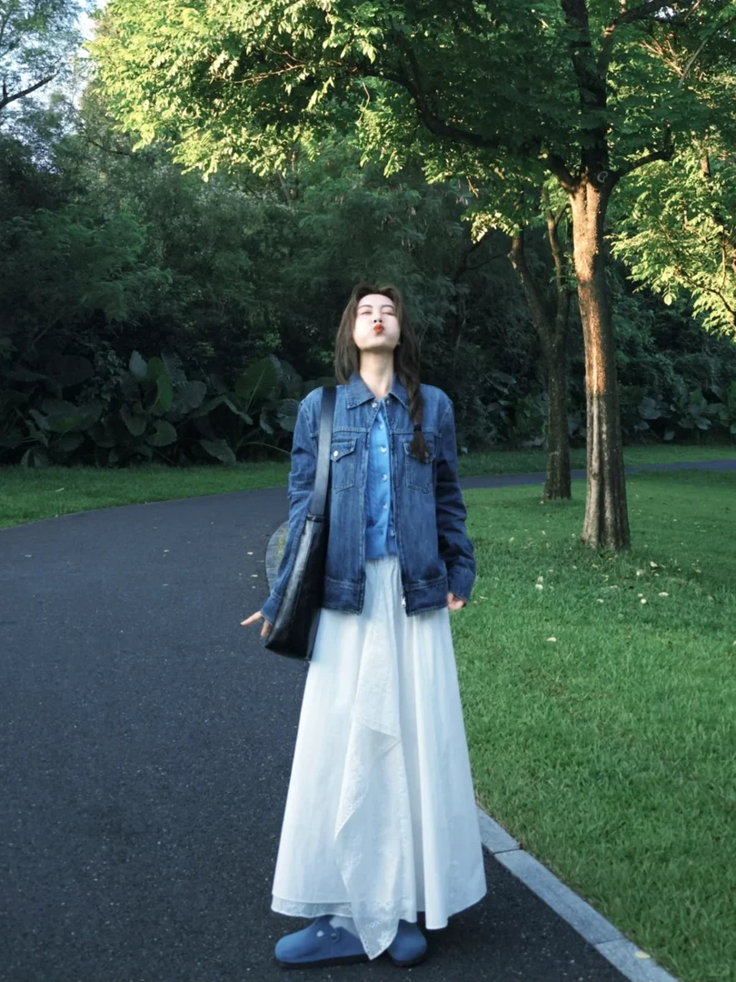 2025秋季新款韩系穿搭高级感牛仔外套上衣搭配不规则半身裙两件套