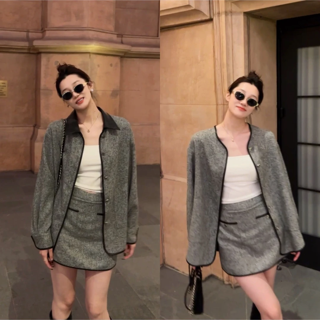 祝喜喜【法式浪漫】25年春款度假休闲显瘦拼皮衬衣套装气质