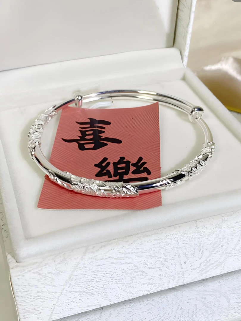 足银手镯 A17足银繁花似锦手镯女款推拉气质百搭精美宫廷风格手工