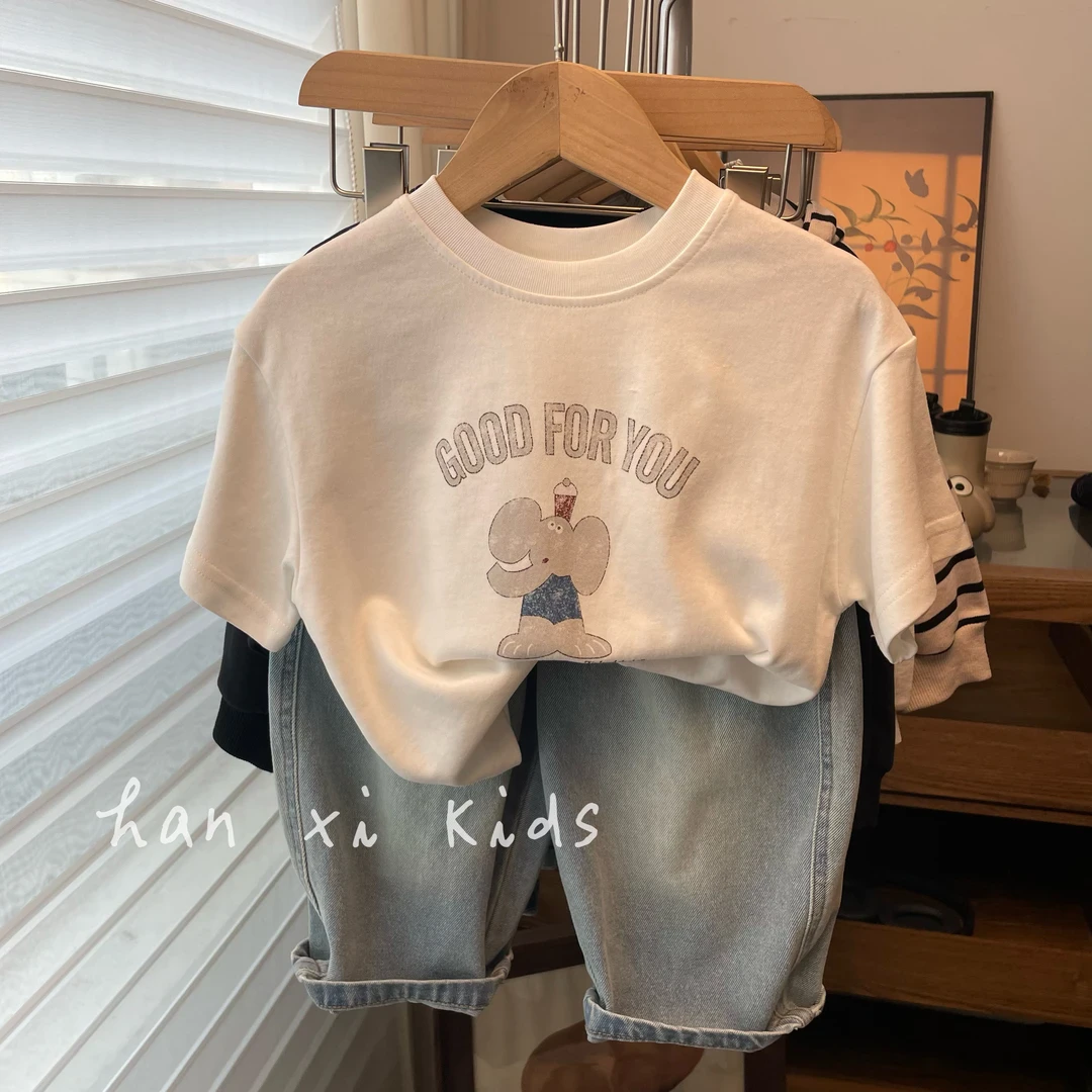 纯棉儿童装短袖t恤韩系2025夏季新款中小童男童卡通印花圆领上衣