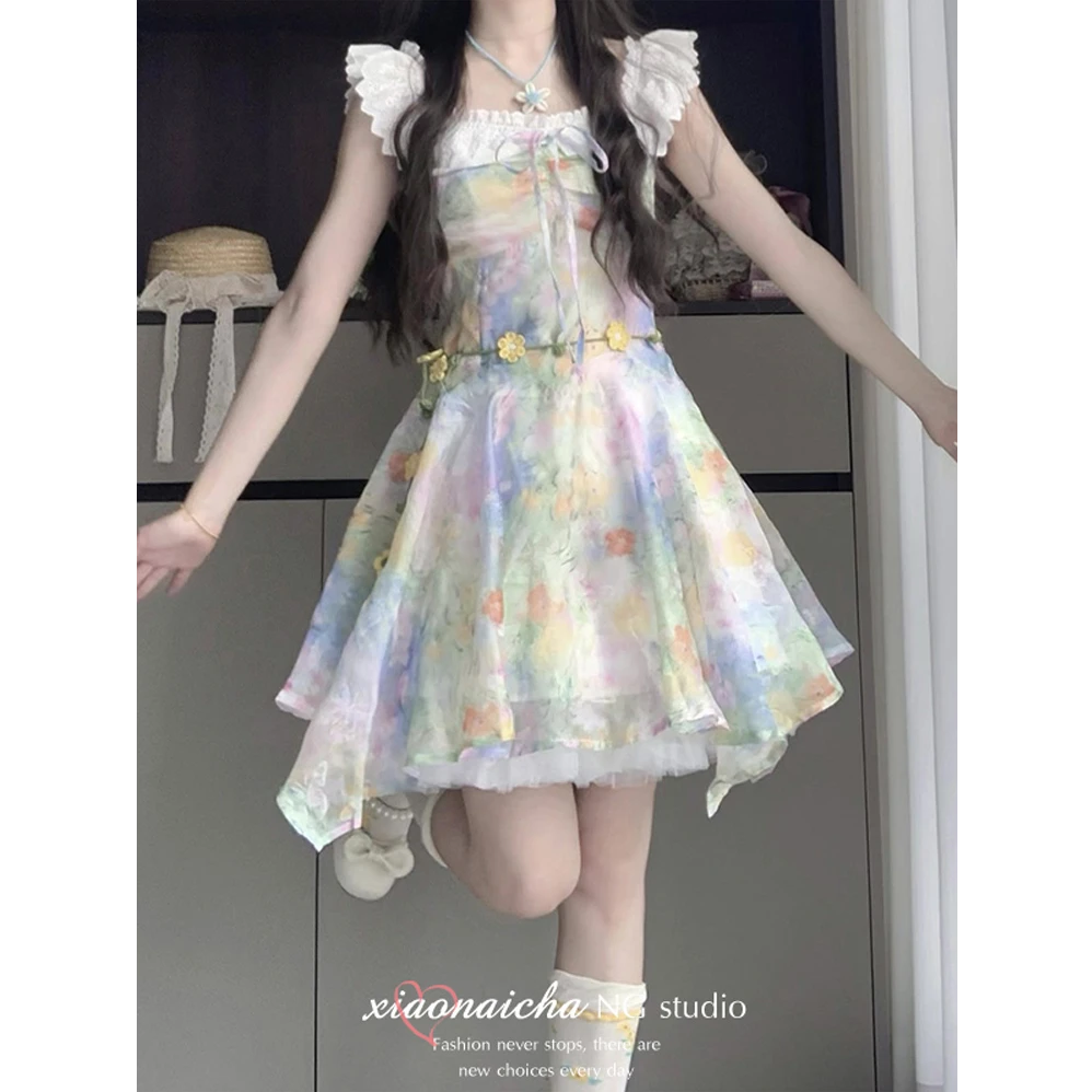 多巴胺油画碎花小飞袖连衣裙女夏季新款小个子收腰显瘦公主短裙子