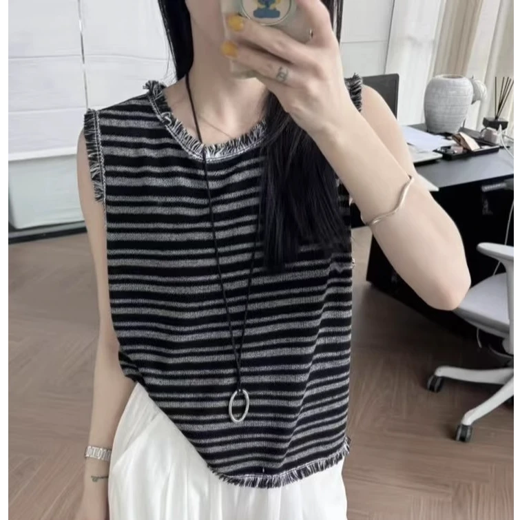 【莱赛尔天丝】夏季新款复古条纹流苏毛边无袖圆领背心女薄气质上衣