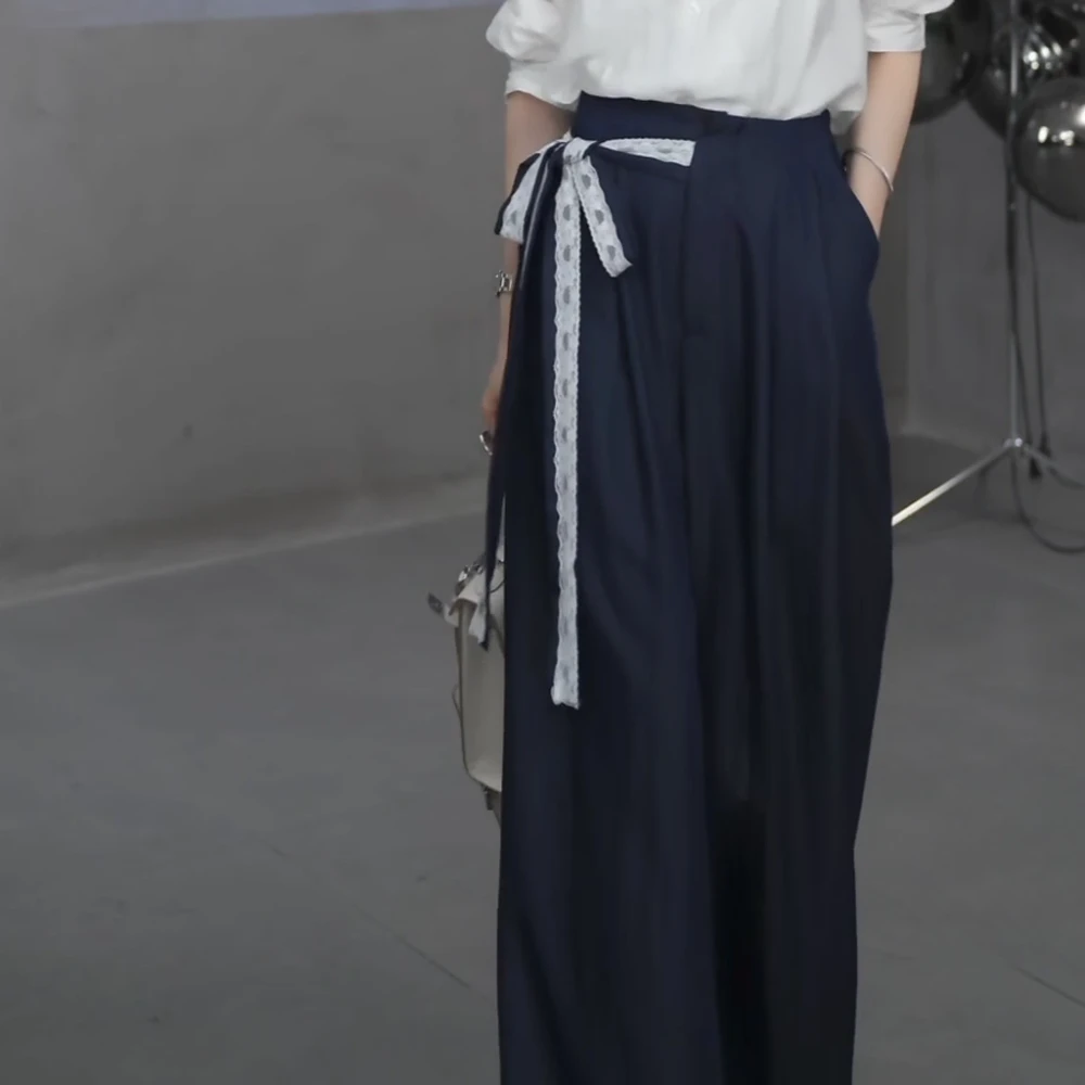 极简风藏蓝色垂感拖地裤春款宽松遮肉显瘦阔腿长裤休闲裤裤子