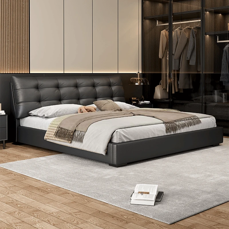 现代简约轻奢真皮床意式主卧室高端大气双人软婚床实木2米可储物