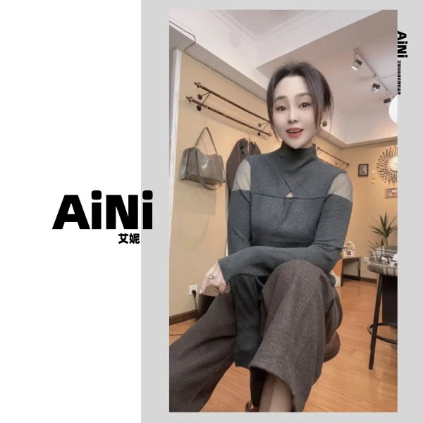 《妮推荐》艾妮设计款肩蕾丝显瘦洋气针织衫毛衣8278
