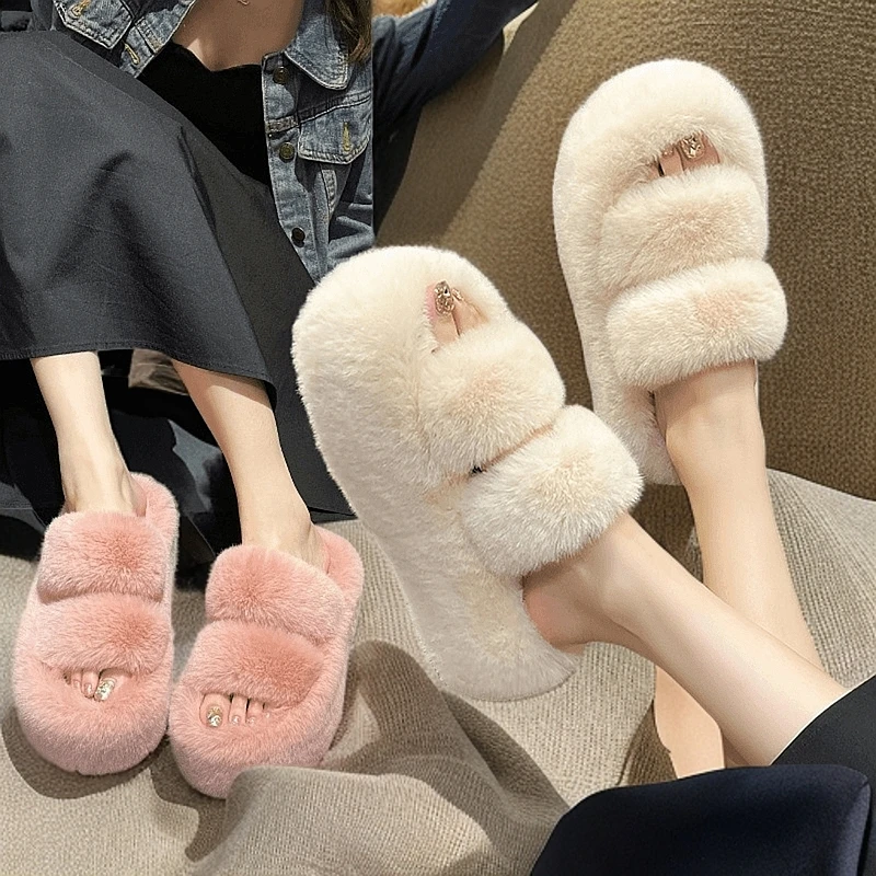 【新款】毛毛鞋厚底居家时尚百搭外穿毛拖两条带防滑软底柔软舒适