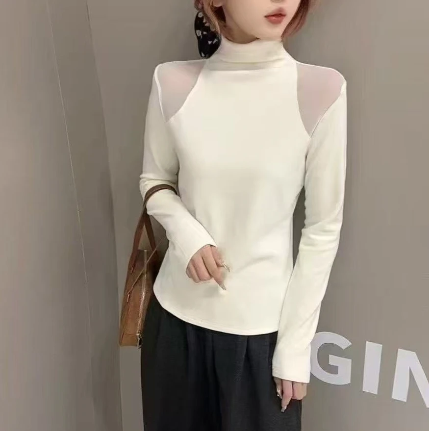 598秋冬时尚拼纱设计女长袖T恤