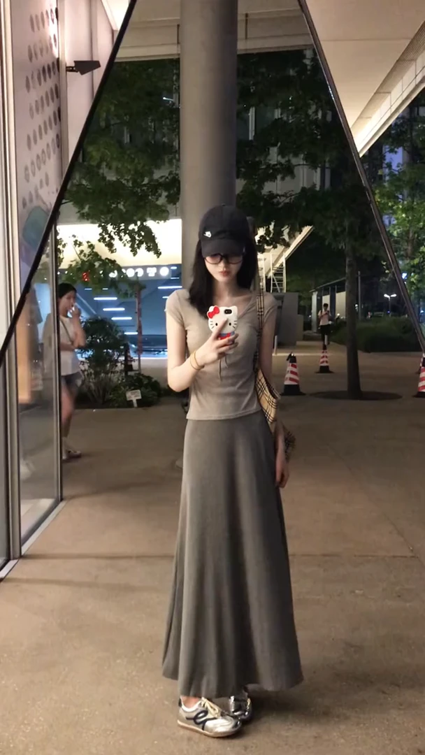 韩系温柔风套装系带U领短袖T恤女夏季高腰半身裙长裙甜辣妹两件套