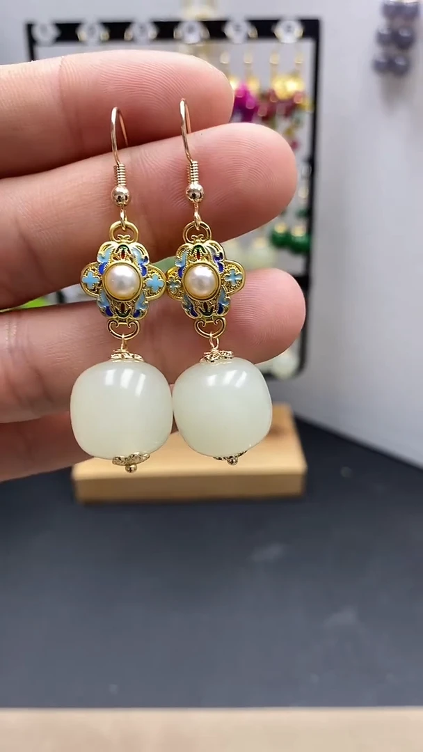 【闪购商品】和田玉耳饰银S925镀金镶嵌桶珠尺寸16mmA2