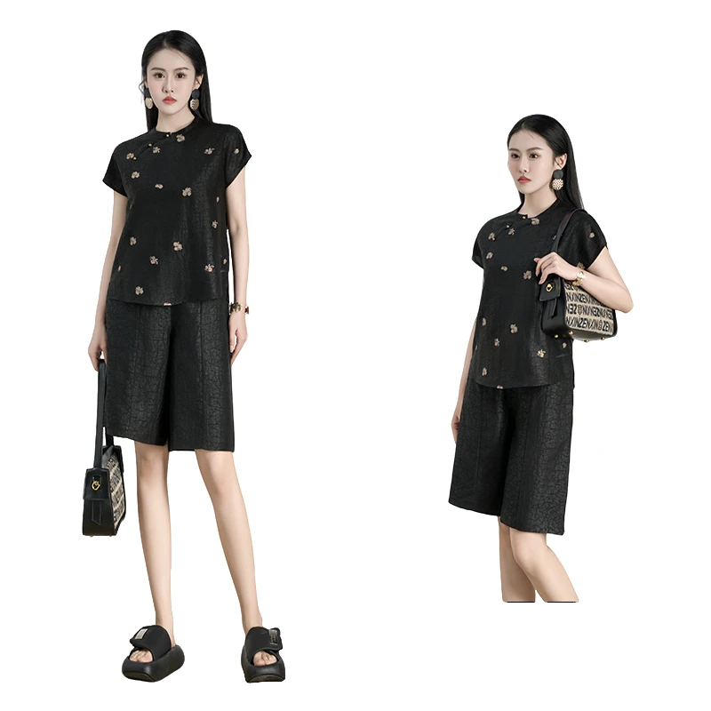 香云纱（月绸）龟裂纹刺绣夏季斜襟时尚宽松圆领上衣--60778