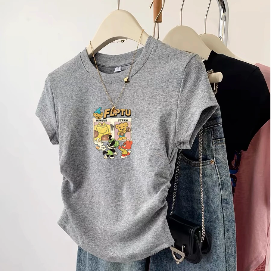 100%棉现货圆领短袖时尚百搭正肩棉上衣T恤夏季新款卡通印花休闲