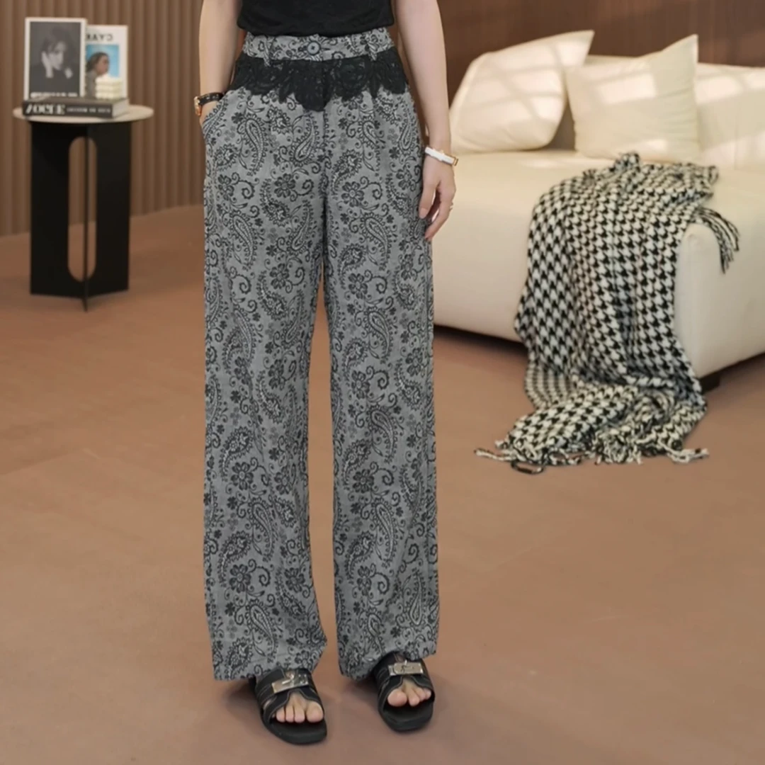 思思小个子【新款复古设计感小众腰果花宽松休闲阔腿裤】#25F441