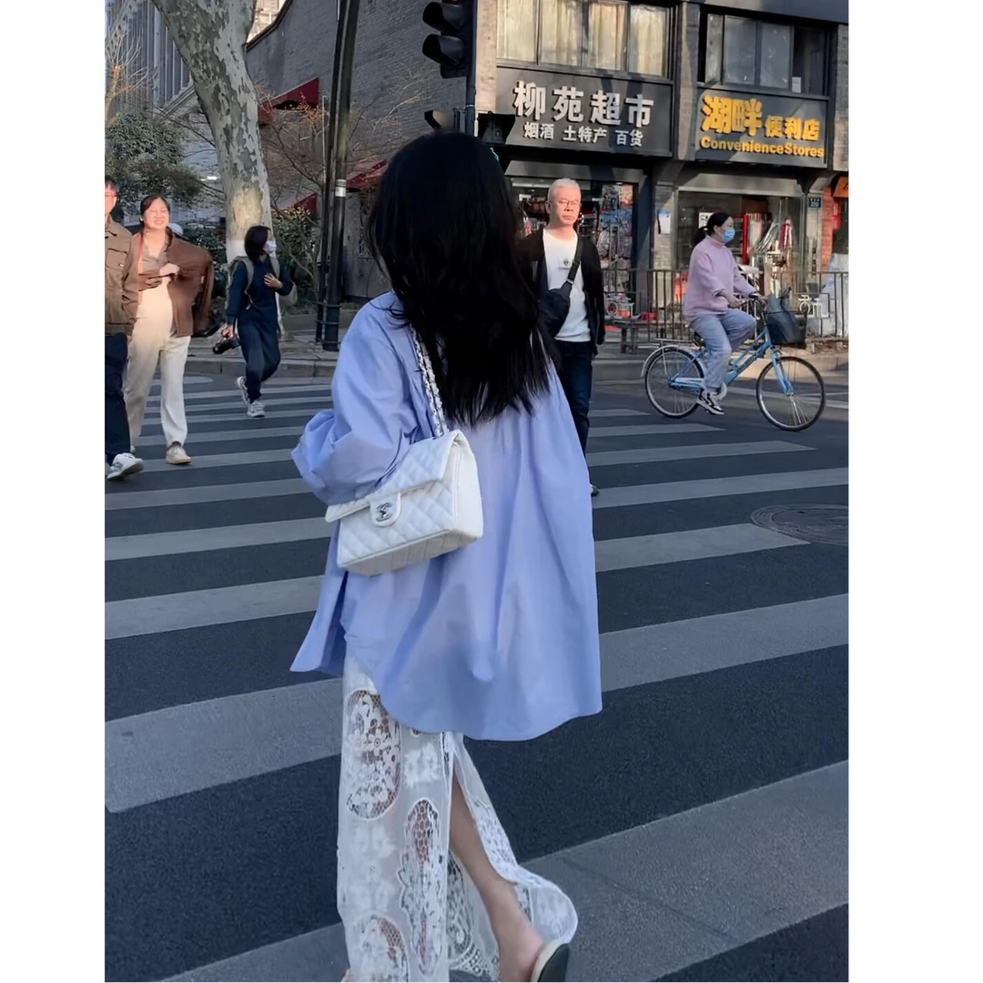 2025春季新款慵懒风高级感宽松中长款防晒衬衫高腰显瘦开叉半身裙