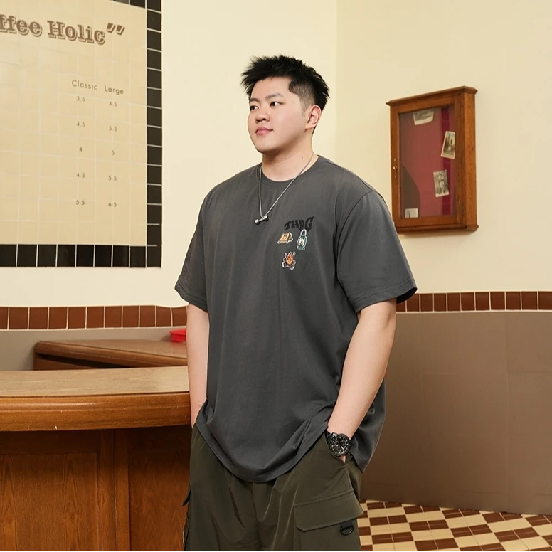 重磅纯棉刺绣短袖T恤男夏季休闲胖子加肥加大码宽松百搭半袖体恤