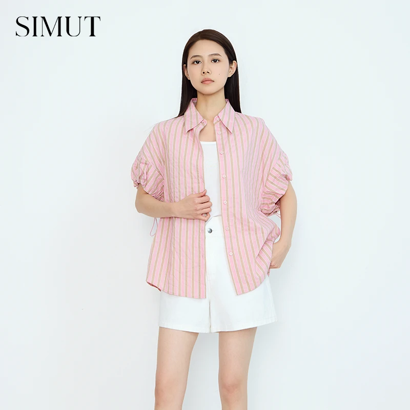 SIMUT思慕缇新款气质小众休闲时尚百搭设计感宽松条纹衬衣