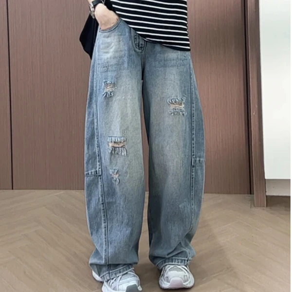 破洞弯刀牛仔裤女夏季新款韩版大码胖mm气质高腰宽松阔脚休闲裤潮