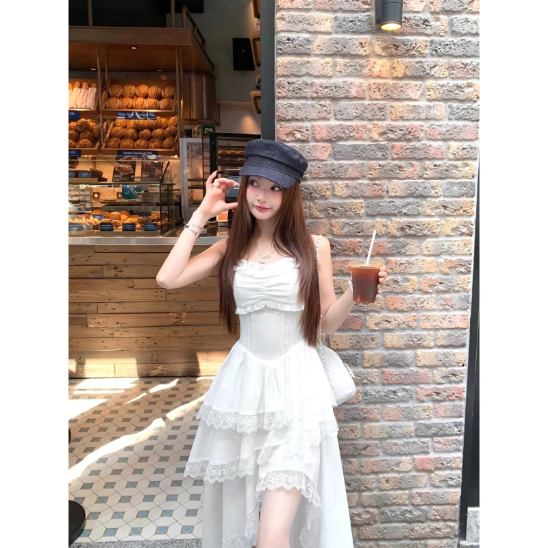 《芭蕾女团》初恋白色蕾丝吊带连衣裙女夏季不规则蛋糕两穿小白裙子