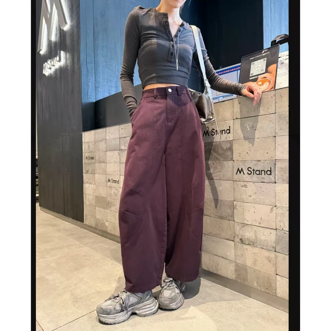 韩版洋气九分阔腿弯刀裤女高腰气球裤显瘦休闲裤子