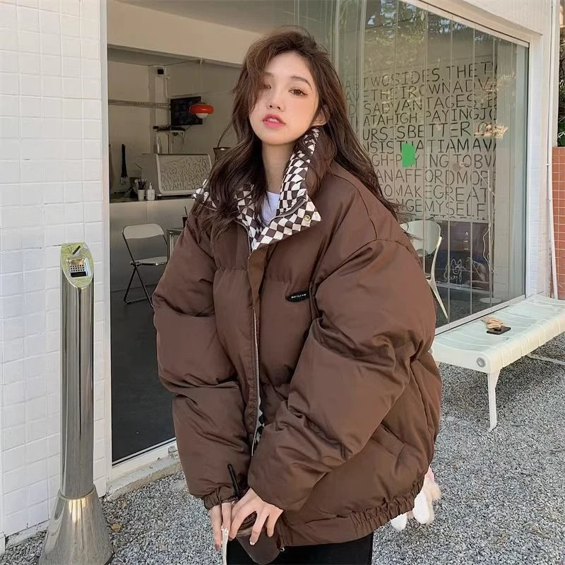 港风冬季棋盘格立领加厚保暖短款小个子棉服外套女宽松面包服洋气