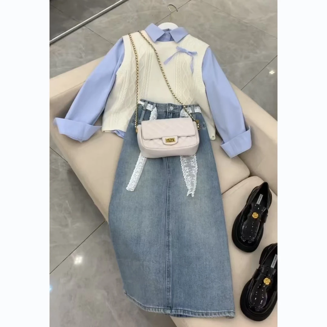 春季穿搭一整套女2025新款韩系甜美减龄马甲衬衫潮流牛仔裙三件套