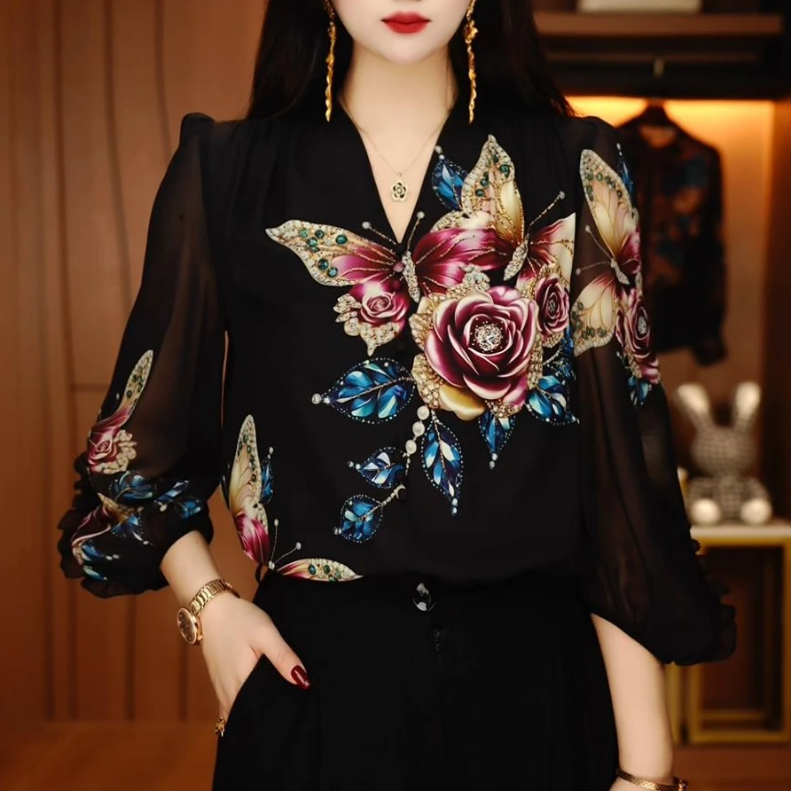 初凰 新款琉璃双皱丝洋气时尚百搭显瘦休闲气质印花女士长袖上衣