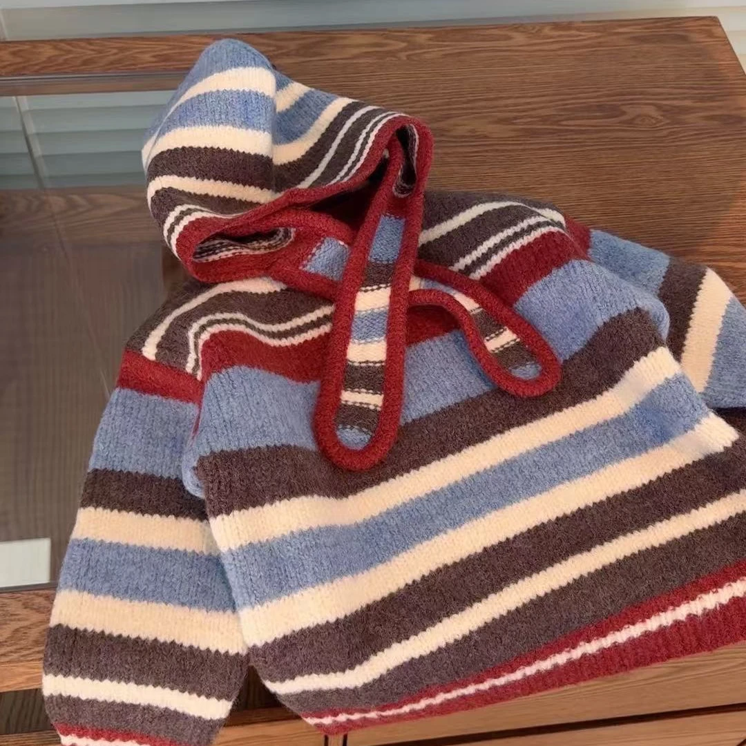 2025春季新品儿童毛衣男女童条纹带帽