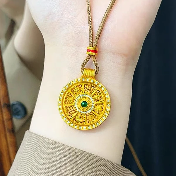 非金属布艺项链 2025年新款绿钻八罗盘吊旋转毛衣链镀金吊坠国潮