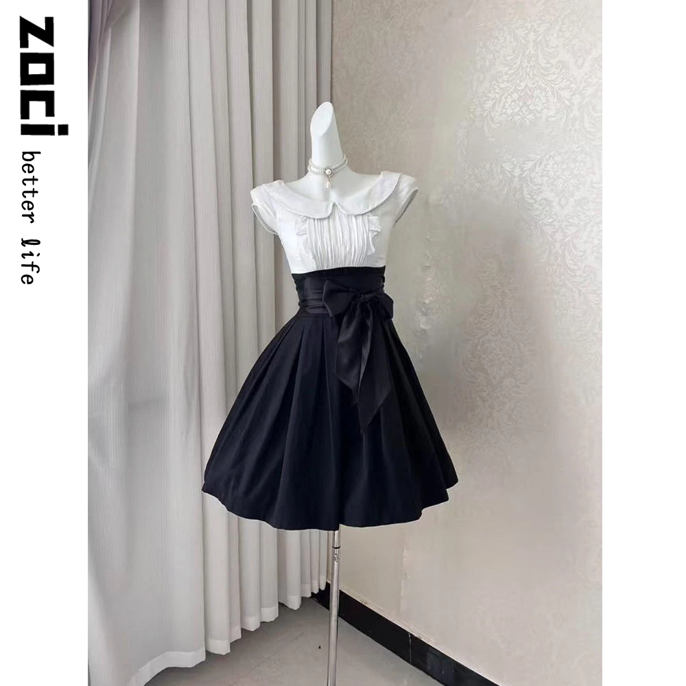 复古小众蝴蝶结黑白拼接设计短款连衣裙夏季新款古着风气质小礼裙