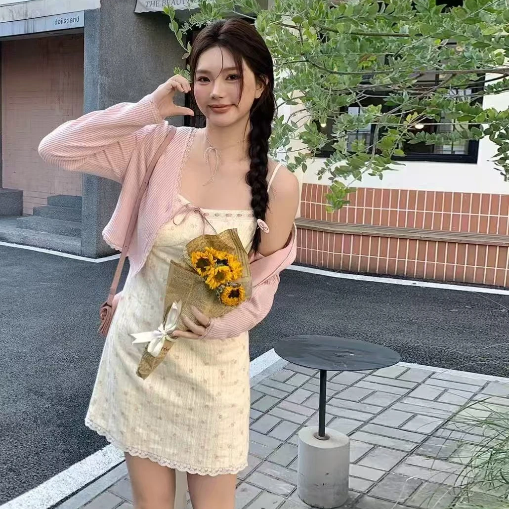 【甜心软酪】大码女装微胖妹妹蕾丝早春气质甜美碎花吊带裙开衫套装