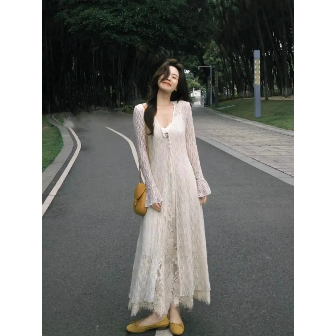 2025夏季法式气质穿搭温柔千金风高级感防晒开衫蕾丝连衣裙两件套