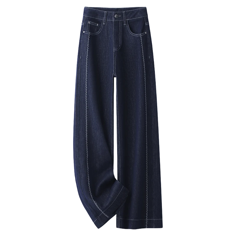 深蓝色阔腿牛仔裤女春秋新款高腰显廋今年流行小个子直筒裤68001