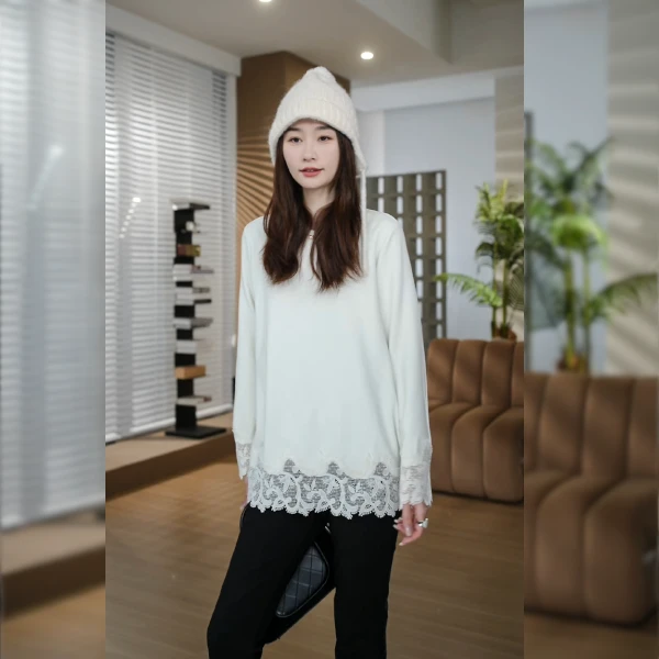 HELA AOMI “丝羊绒蕾丝T”拼接圆领打底衫百搭叠穿T恤CY5CN23104