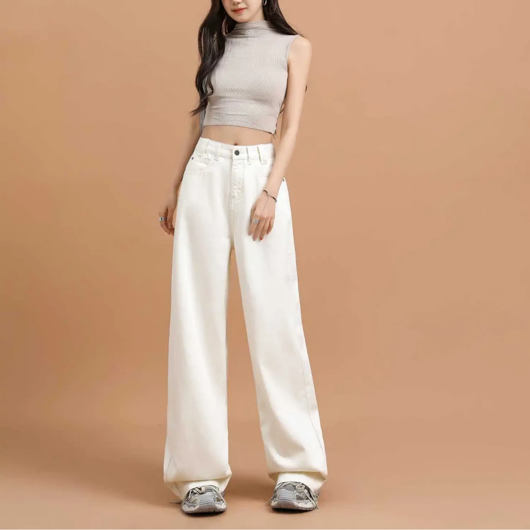 超柔莱赛尔设计感阔腿宽松拖地牛仔裤女复古高腰直简裤Y931