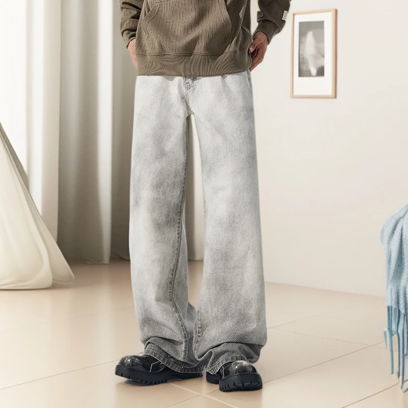白色脏脏裤美式直筒牛仔高街宽松潮流直筒阔腿裤四季款长裤休闲裤
